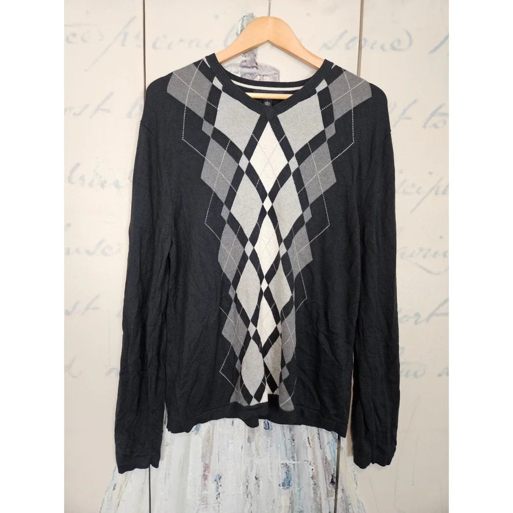 Banana Republic Argyle V-Neck Sweater Large Black Silk Cotton Cashmere Blend